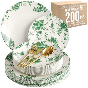Earthtrends 200 Pc Holiday Dinnerware Set – Serves 40 with Gold Silverware, 10" Charger & 8" Dessert Plates in Festive White and Green Verdure - 1 of 4