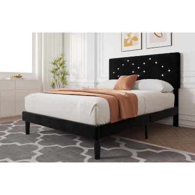 Bed Frame with Button Tufted Headboard, Vevlet Upholstered Platform Bed with Wooden Slats Support, Princess Bed Frame for Girls
