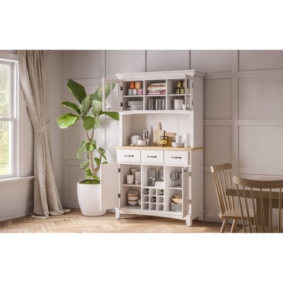 Off White China Cabinet with Natural Wood Top