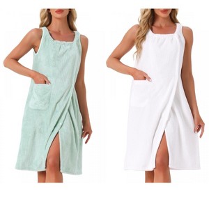 INSPIRE CHIC Women's 2 Pcs Shower Wrap Wearable Button Bath Towel Robe Sleeveless Snap Dress with Pockets - 1 of 4