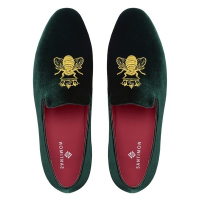 Santimon Mens Velvet Loafers Slip on Gold Embroidery Dress Shoes