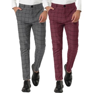 Lars Amadeus Men's Plaid Printed Tapered Leg Flat Front Business Dress Pants 2 Packs - 1 of 4
