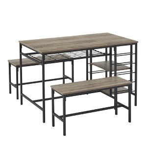 CuisinSmart Dining Table Set for 4 People, Kitchen Table with 2 Benches, Dining Room Table Set with Wine Rack, Grey - 1 of 4