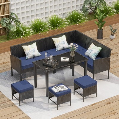 7-Piece Outdoor Rattan Patio Set with Glass Dining Table and Removable Cushions for Balcony or Garden-The Pop Home