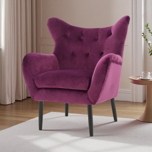 Velvet Mid-Century Modern Wingback Arm Chair with Oak Wood Frame - 1 of 4