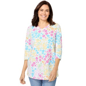 Woman Within Plus Size Perfect Printed Three-Quarter Sleeve V-Neck Tee - 1 of 4
