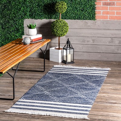 Blue and Beige Striped Synthetic Indoor/Outdoor Runner Rug