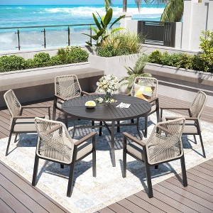Captiva Designs 7pc Patio Dining Slat-top Steel Table & Beige Rattan Chairs with Cushions - 1 of 4