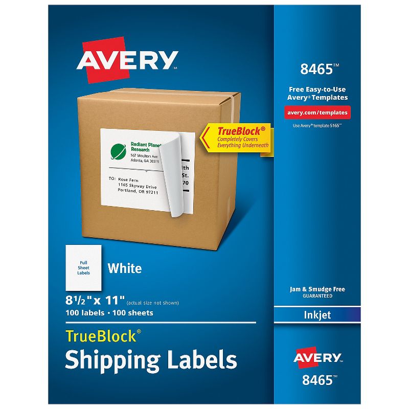 Avery Full-Sheet Labels with TrueBlock Technology Inkjet 8 1/2 x 11 White 100/Box 8465, 1 of 10