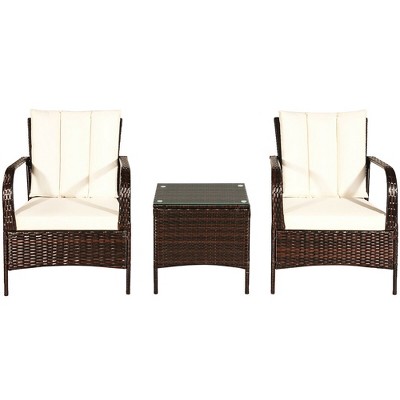3-Piece Beige Rattan Patio Set with Cushions and Glass Table