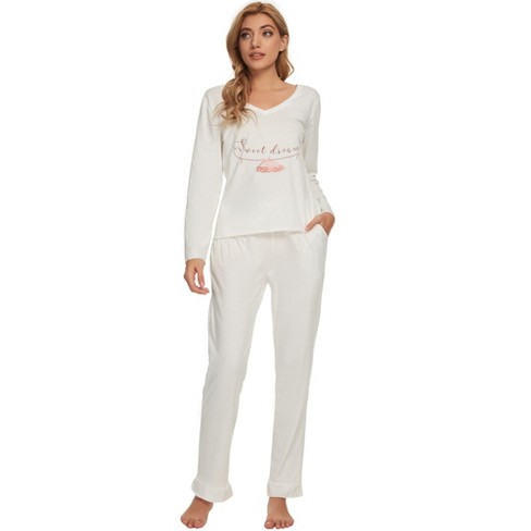 cheibear Womens Sleepwear Lounge V-Neck Soft Nightwear with Pants Long  Sleeve Pajama Set White X Large