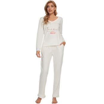 cheibear Womens Sleepwear Lounge V-Neck Soft Nightwear with Pants Long Sleeve Pajama Set