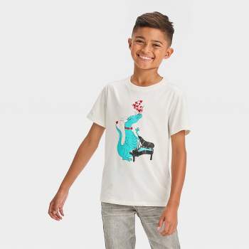 Boys' Short Sleeve Valentine's Day Dragon Playing Piano Graphic T-Shirt - Cat & Jack™ Cream