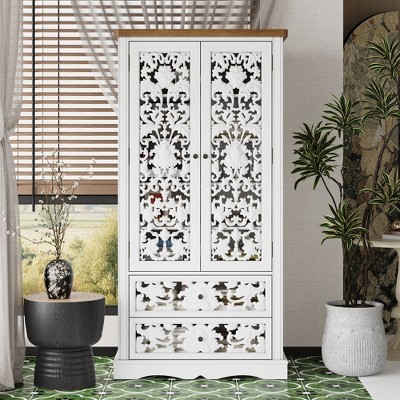 FUFU&GAGA Elegant White Storage Cabinet: Classic Aesthetics with Intricate Hollow Relief Design Pantry Cabinet Freestanding Cabinet Diplay Cabinet