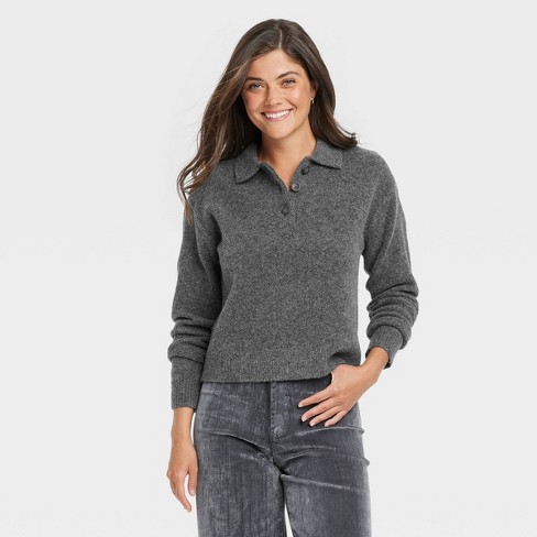 Women s Collared Pullover Sweater Universal Thread Dark Gray S Target