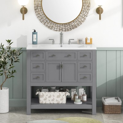 36'' Bathroom Vanity, Modern Bathroom Storage Cabinet with 2 Soft Closing Doors and 6 Drawers - ModernLuxe