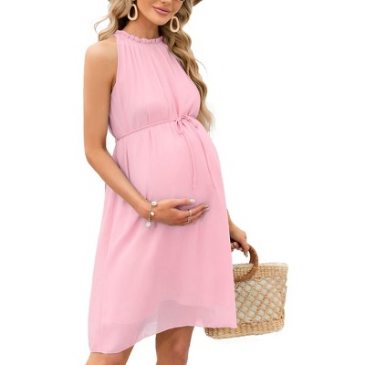Women's Maternity Halter Neck Dress Casual Summer Ruffle High Waisted Sleeveless Midi Dress For Photoshoot Baby Shower