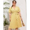 Plus Size Women's Pleated Midi Dress with Belt Flowy Casual Elegant Knee Length Dress for Work Summer - 3 of 4