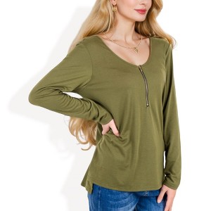 Anna-Kaci Women's Top with Front Zip Detail and Curved Hem - 1 of 4