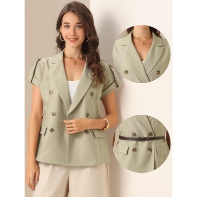 INSPIRE CHIC Women's Summer Short Sleeve Double Breasted Work Blazer with Belt Light Brown Medium — фото 2