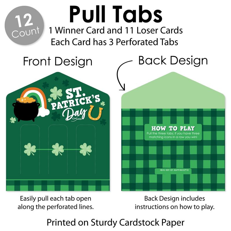 Big Dot of Happiness Shamrock St. Patrick's Day - Saint Paddy’s Day Party Game Pickle Cards - Pull Tabs 3-in-a-Row - Set of 12, 5 of 7