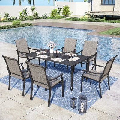 Captiva Designs 7pc Outdoor Dining Steel Table with Umbrella Hole & Brown Textilene Arm Chairs