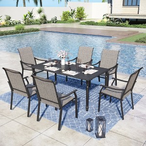 Captiva Designs 7pc Outdoor Dining Steel Table with Umbrella Hole & Brown Textilene Arm Chairs - 1 of 4