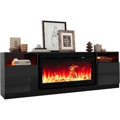 70 in Fireplace TV Stand with 36 in Electric Fireplace, LED Flame, Black Wood Grain Entertainment Center for TVs up to 80 in, Modern Media Console
