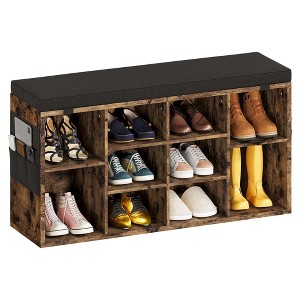 WhizMax Brown Shoe Bench Cubby Organizer with 10 Cubbies, Foam Pad Seating Cushion, 3-Tier Adjustable Shelf for Hallway Bedroom Living Room Dorm - 1 of 4