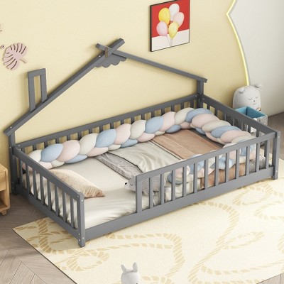 Twin Size Montessori Floor Bed with Safety Guardrails and Door for Toddler