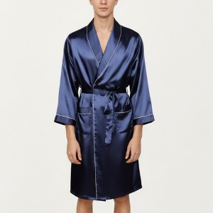 Anna-Kaci Men's Satin Robe with Geometric Print Contrast Shawl Collar and Waist Tie - 1 of 4