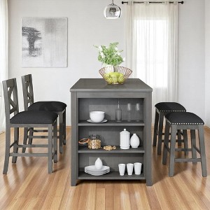5-Piece Counter Height Dining Table Set with Storage Shelf, Solid Wood Bar Table and 2 Upholstered Chairs & 2 Stools, Table Set for Kitchen - 1 of 4