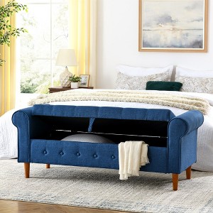 62" Bedroom Tufted Button Storage Bench, Modern Fabric Upholstered Ottoman, Window Bench, Rolled Arm Design for Bedroom, Living Room Blue - 1 of 4