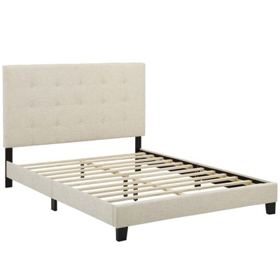 Elegant Cream Full Platform Bed with Tufted Velvet Upholstery