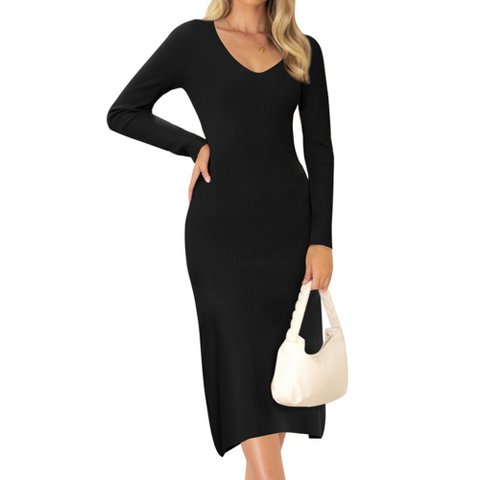 Женские платья INSPIRE CHIC Women's V Neck Long Sleeve Ribbed Knit Midi Sweater Dresses Small Black