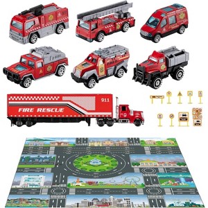 TEMI Diecast Emergency Fire Rescue Vehicle Toy Set w/Play Mat, Truck Carrier,Ambulance, Alloy Metal Fighting Car for 3 4 5 6 Years Old Toddlers Kids - 1 of 3