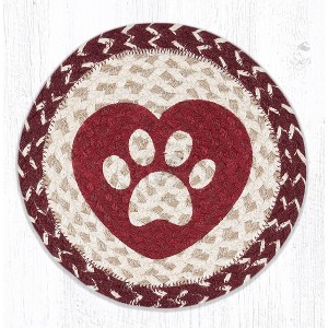 Earth Rugs Heart Paw Round Trivet – 10"x10" Braided Natural Fiber Hot Pad with Pet Lover Heart and Paw Print Design - 1 of 3