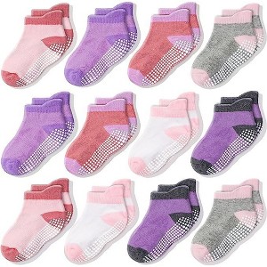 CozyWay Non-Slip Ankle Style Socks with Grippers, 12 Pack for Baby Boys and Girls, 6-12 Months - Color Block - Pink Multicolored - 1 of 4