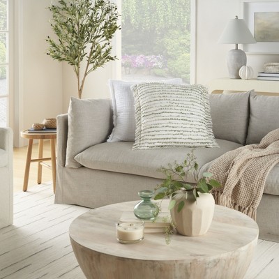 Sage Green Cotton and Polyester Square Throw Pillow with Fringe Edges