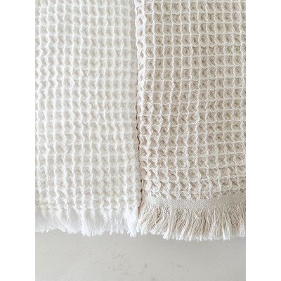 Beige Turkish Cotton Waffle Bath Towel with Fringe