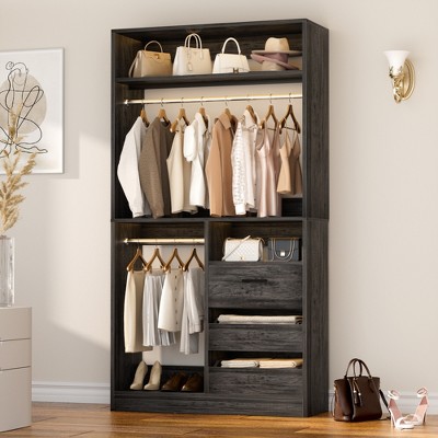 Aheaplus 36'' W Freestanding Walk-in Closet Organizer System with 2 Hanging Rods and 3 Wood Drawers