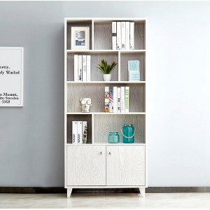 68" Tall Bookcase With 2 Doors, Modern Wooden Bookshelf With 7 Compartments, 4 Adjustable Metal Legs, Free Standing Narrow Book Shelf For Hallway - 1 of 3