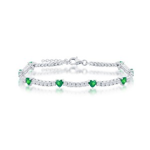 Bella Silver Sterling Silver Heart and CZ Tennis Bracelet - Emerald CZ - Green - 7+1 Inch - 1 of 2