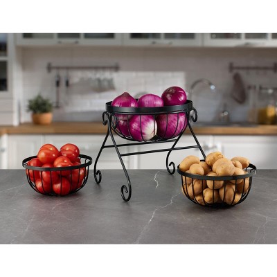 Scroll Black Iron 3-Piece Round Storage Basket Set