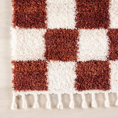 Red and Cream Checkered Synthetic Rectangular Area Rug