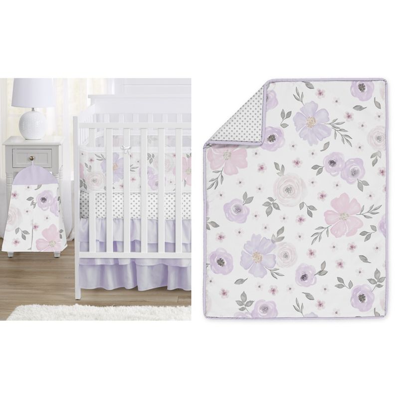 Sweet Jojo Designs Crib Bedding + BreathableBaby Breathable Mesh Liner Girl Watercolor Floral Purple Pink and Grey - 6pcs, 1 of 8