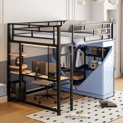 Twin/Full Size Metal Loft Bed with Desk, Shelves, Power Outlet, LED Light and Wardrobe, Black/White-ModernLuxe
