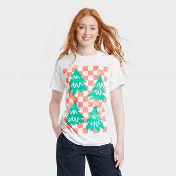 Women's Holiday Checker Short Sleeve Graphic T-Shirt - White