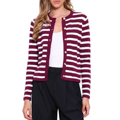 INSPIRE CHIC Women's Button Down Long Sleeve Crew Neck Color Block Striped Crop Sweater