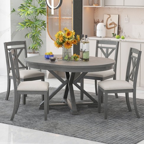 5 piece Retro Functional Dining Table Set With Extendable Round